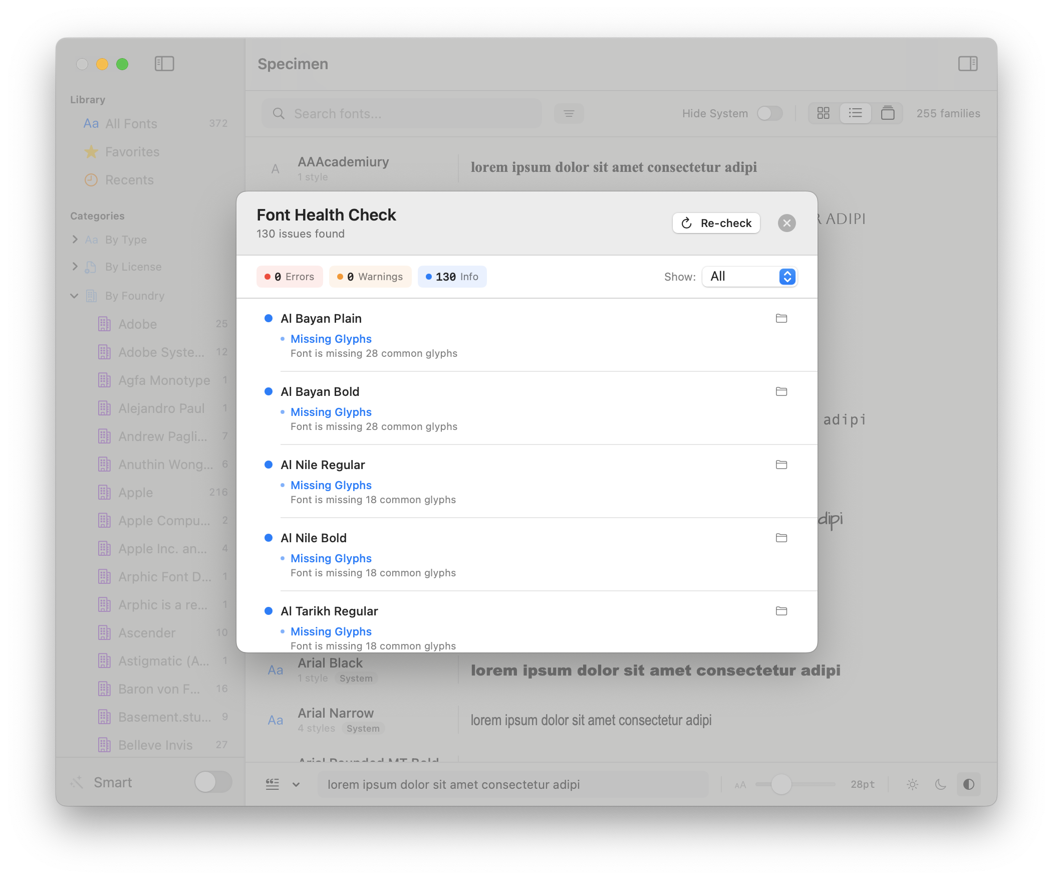 Font health check screenshot